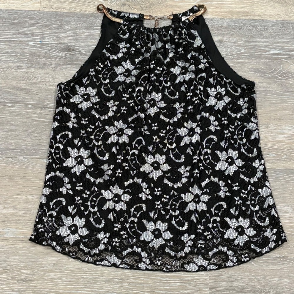 Vivace‎ Womens Black White Floral Lace Halter Top Gold Chain Neckline Sleeveless
